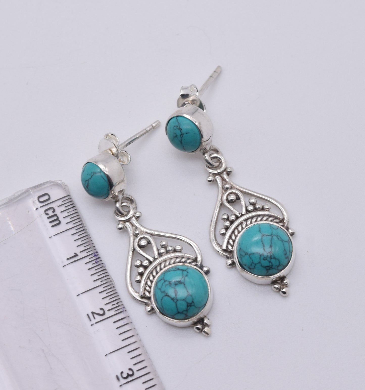 925 Solid Sterling Silver Blue Turquoise Stud Earring-1.5 Inch