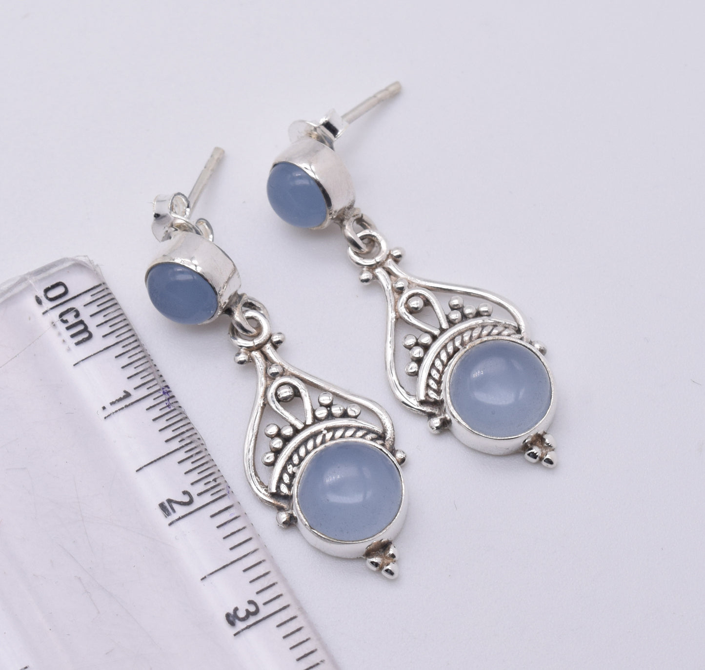 925 Solid Sterling Silver Blue Chalcedony Stud Earring-1.5 Inch