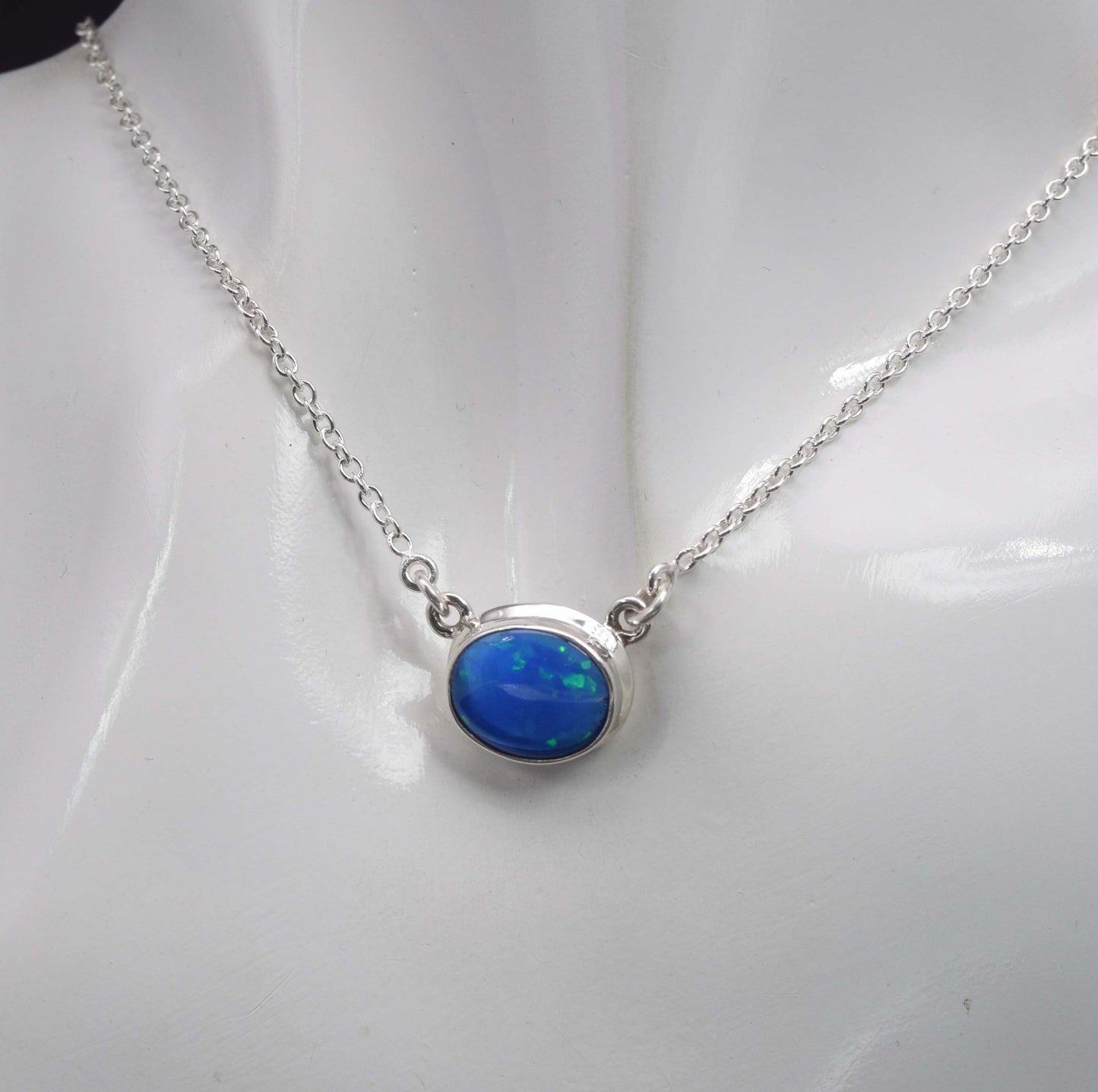 925 Solid Sterling Silver Lab Blue Opal Necklace-15 Inch