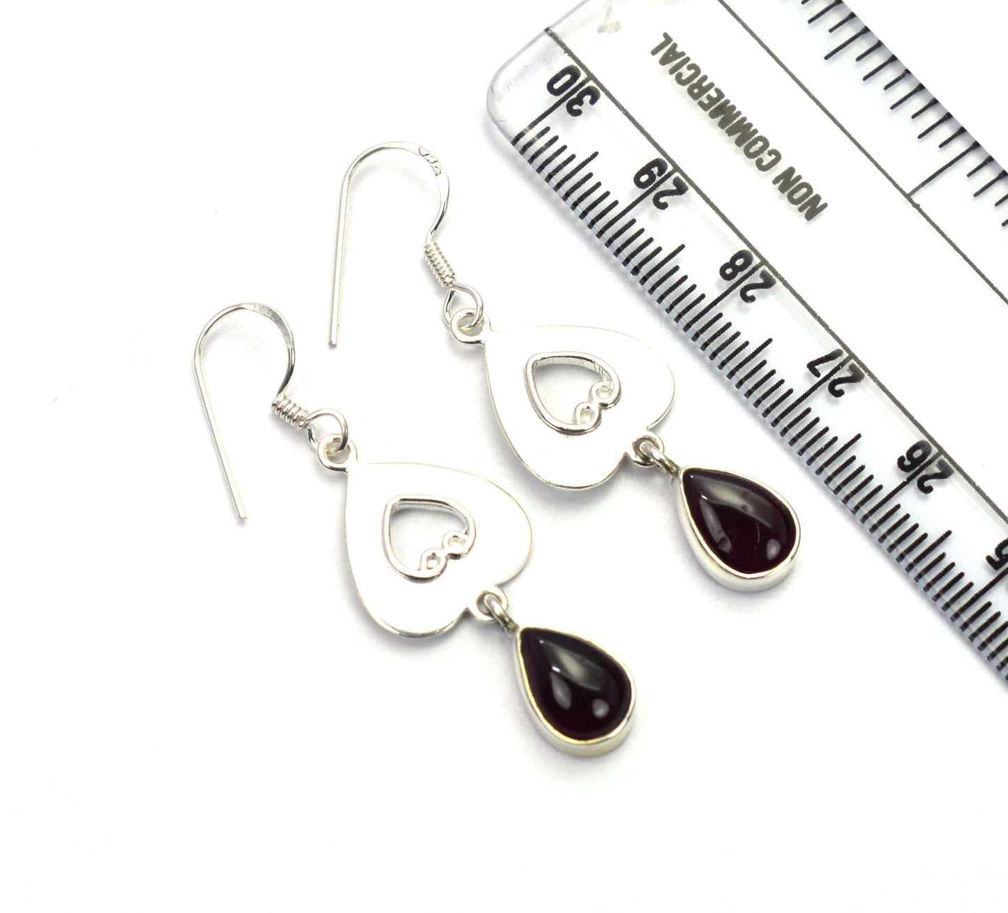 925 SOLID STERLING SILVER RED GARNET HOOK EARRING 1.7 INCH
