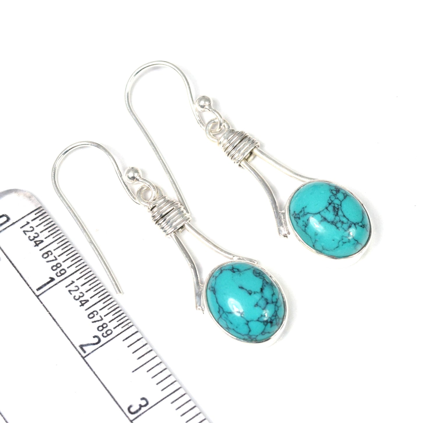 925 Solid Sterling Silver Blue Turquoise Hook Earring - 1.5 Inch