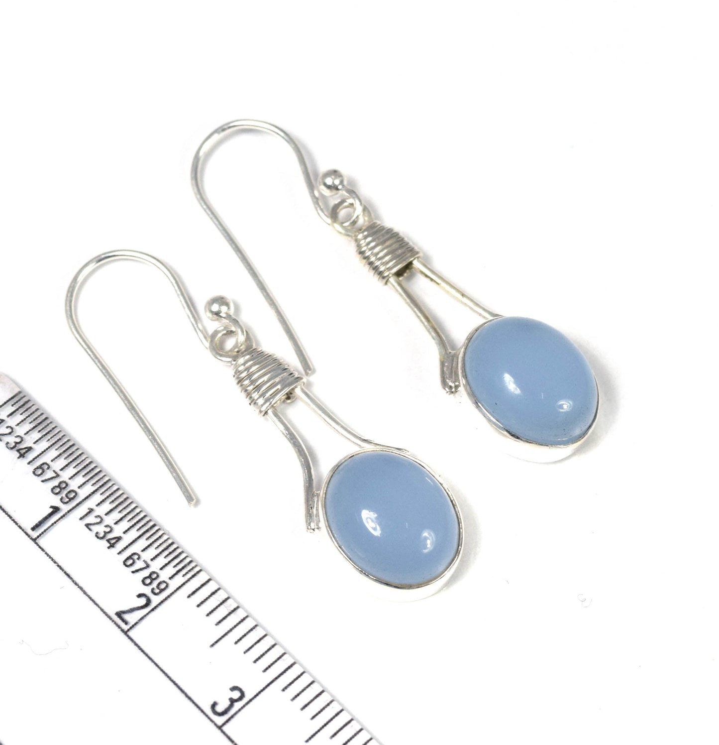 925 Solid Sterling Silver Blue Chalcedony Hook Earring -1.5 Inch