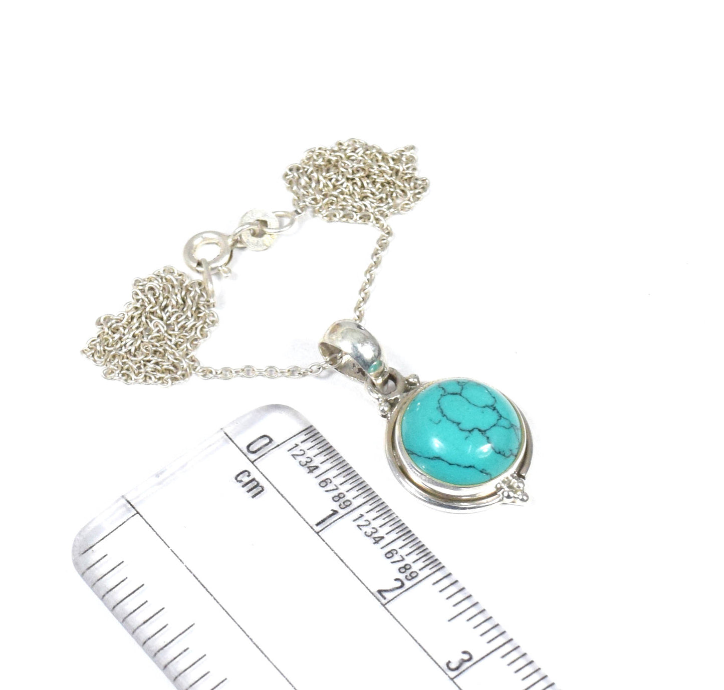925 Solid Sterling Silver Blue Turquoise Chain Pendant -19 Inch