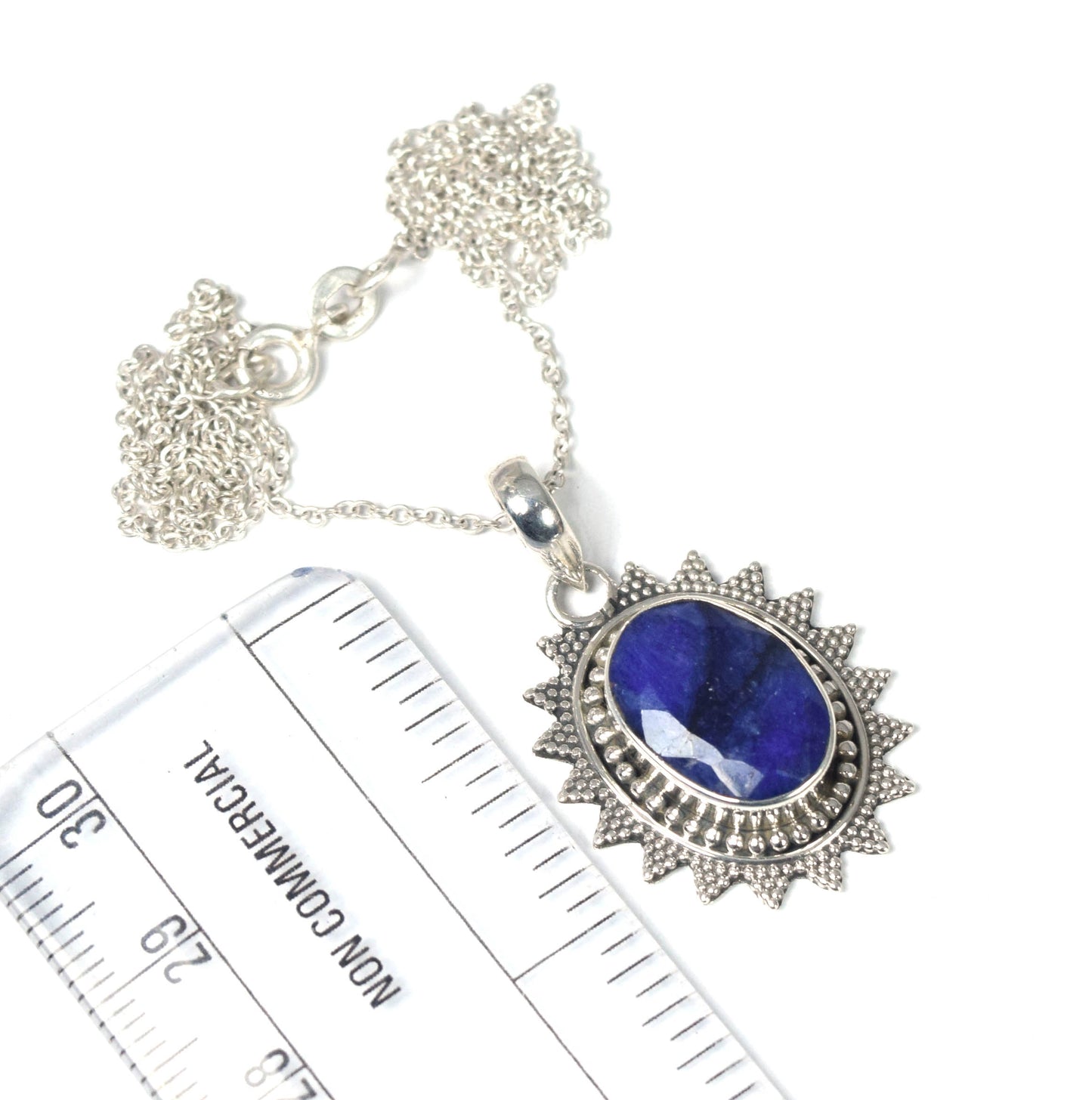 925 Solid Sterling Silver Cut Blue Simulated Sapphire Chain Pendant