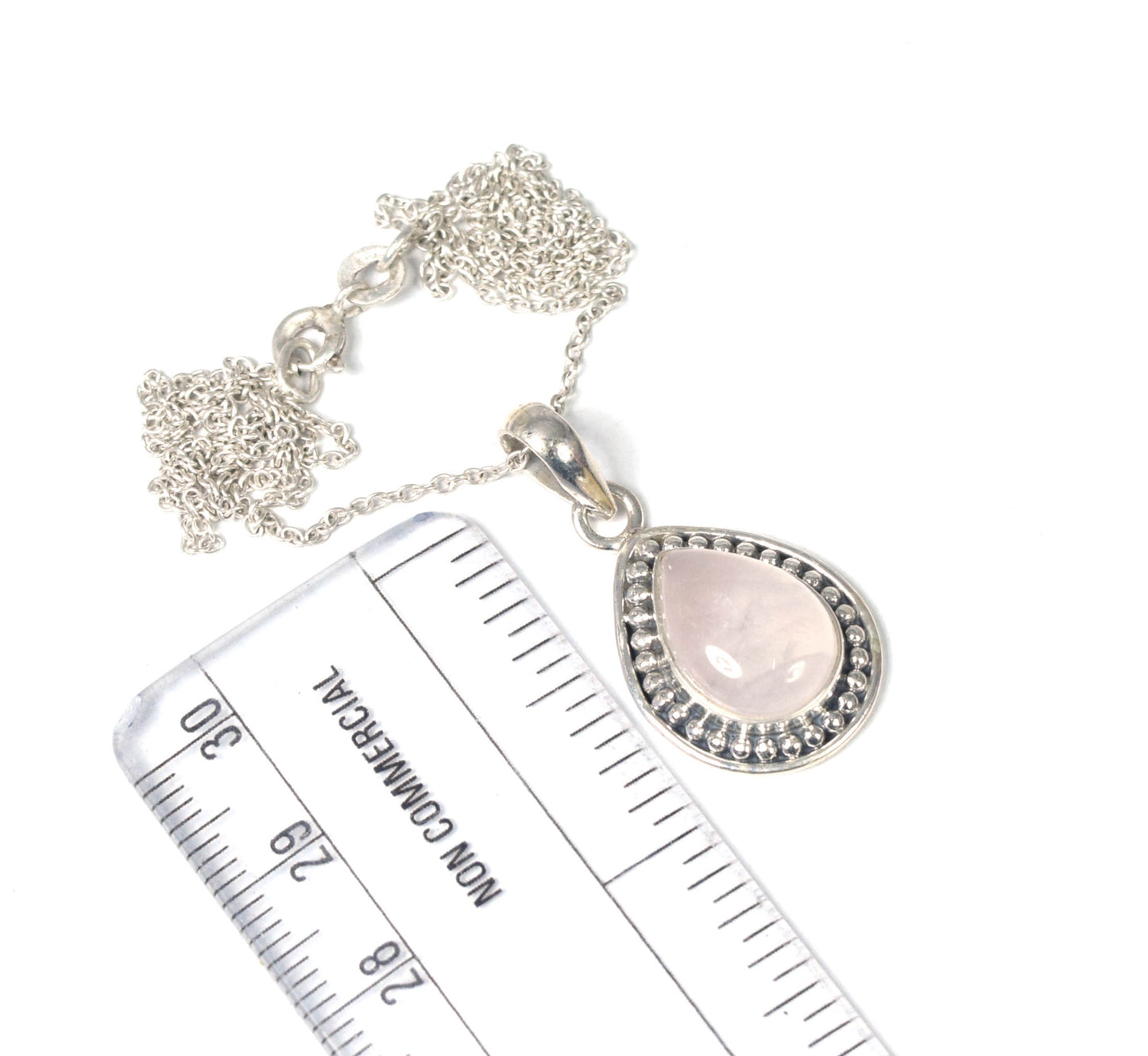 925 Solid Sterling Silver Pink Rose Quartz Chain Pendant -19.2 Inch