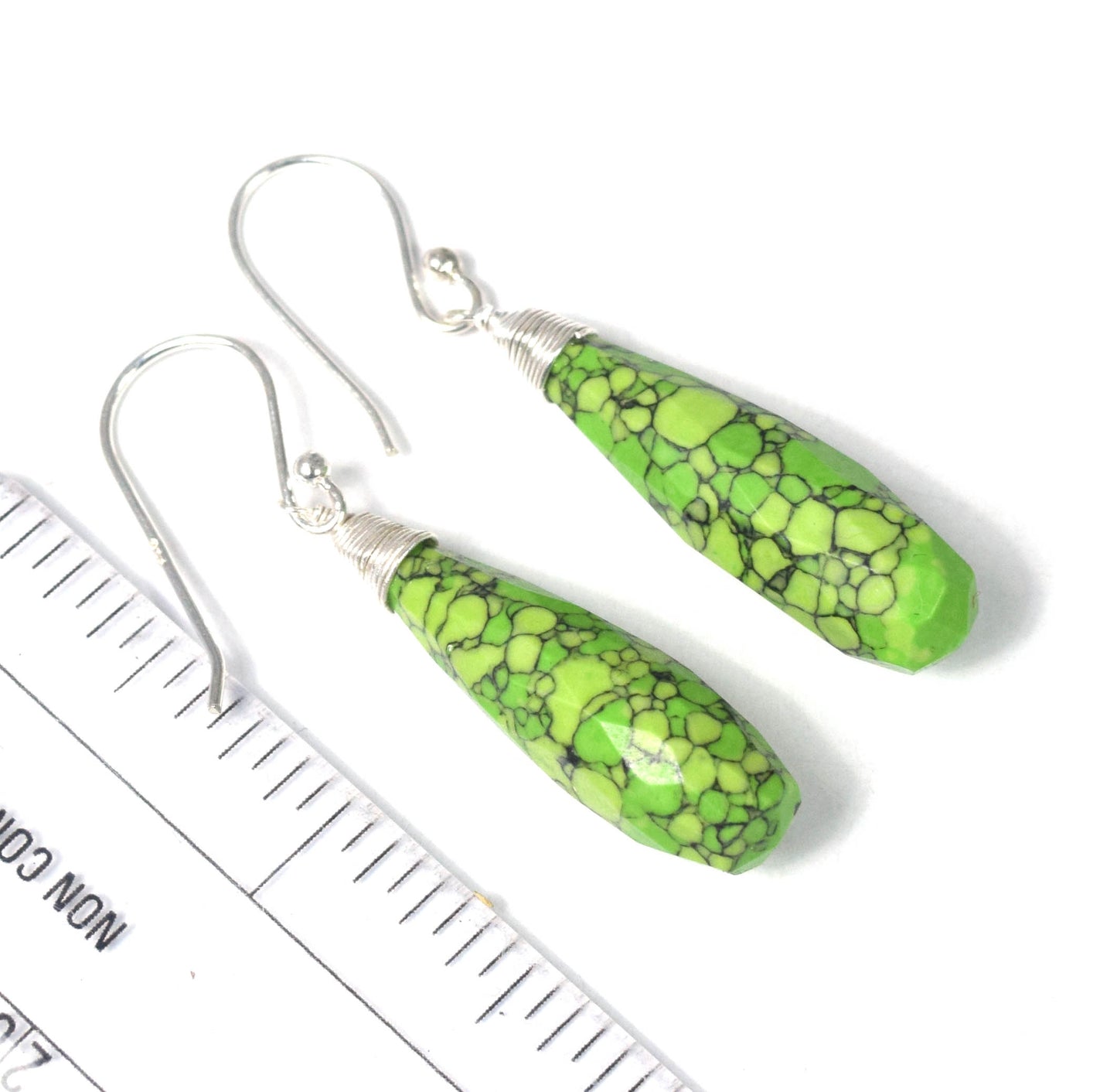 925 Solid Sterling Silver Cut Green Turquoise Drop Hook Earring -1.8 Inch