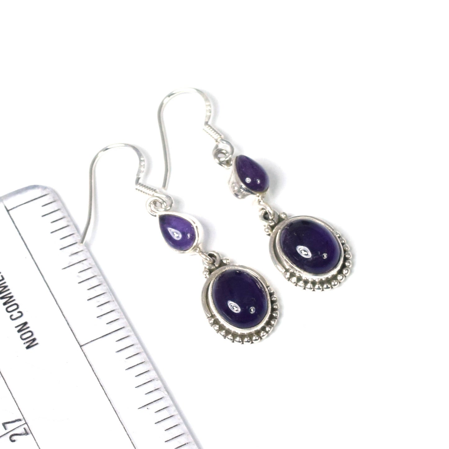 925 Solid Sterling Silver Purple Amethyst Hook Earring -1.8 INCH