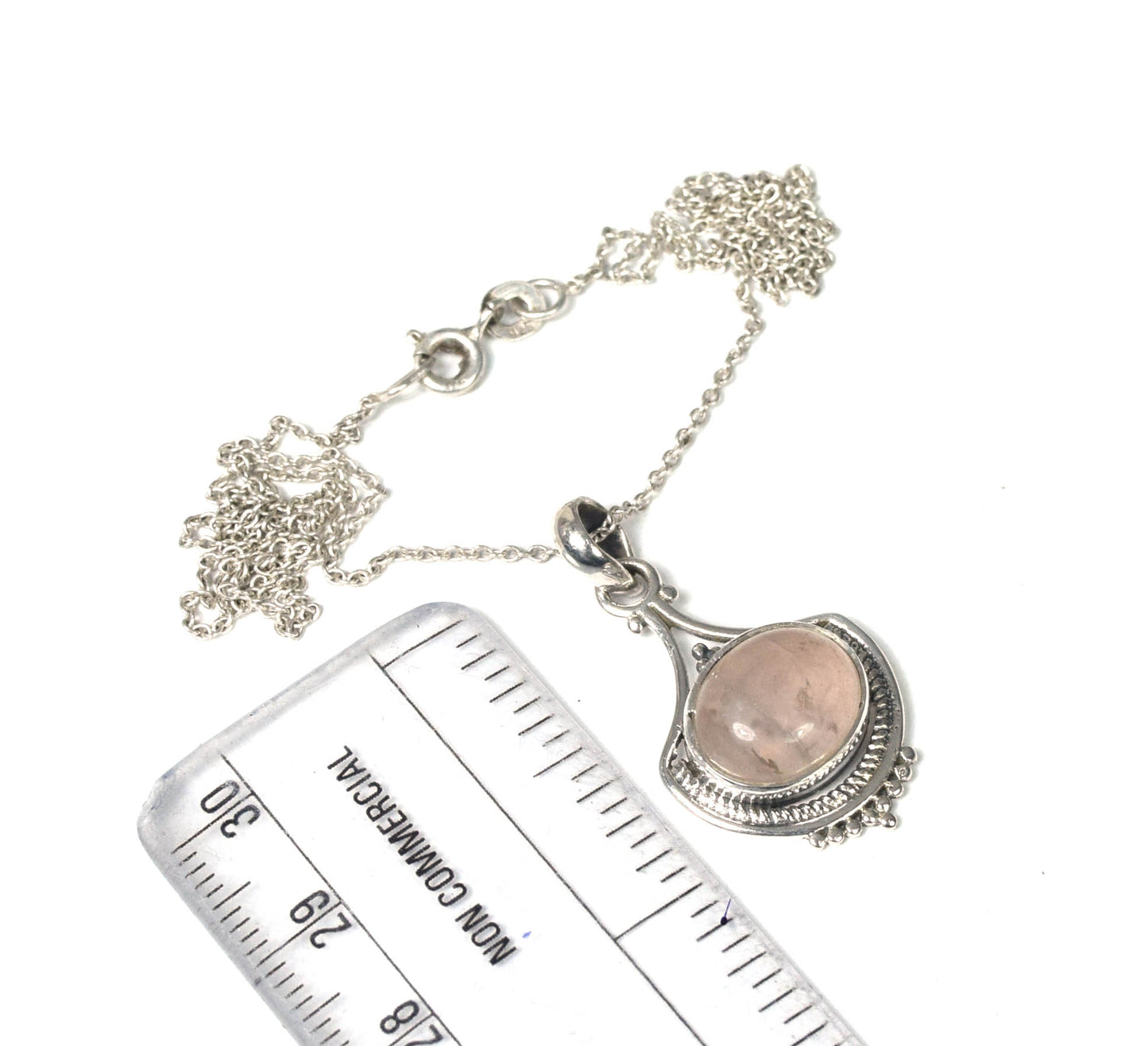 925 Solid Sterling Silver Pink Rose Quartz Chain Pendant -19.5 INCH