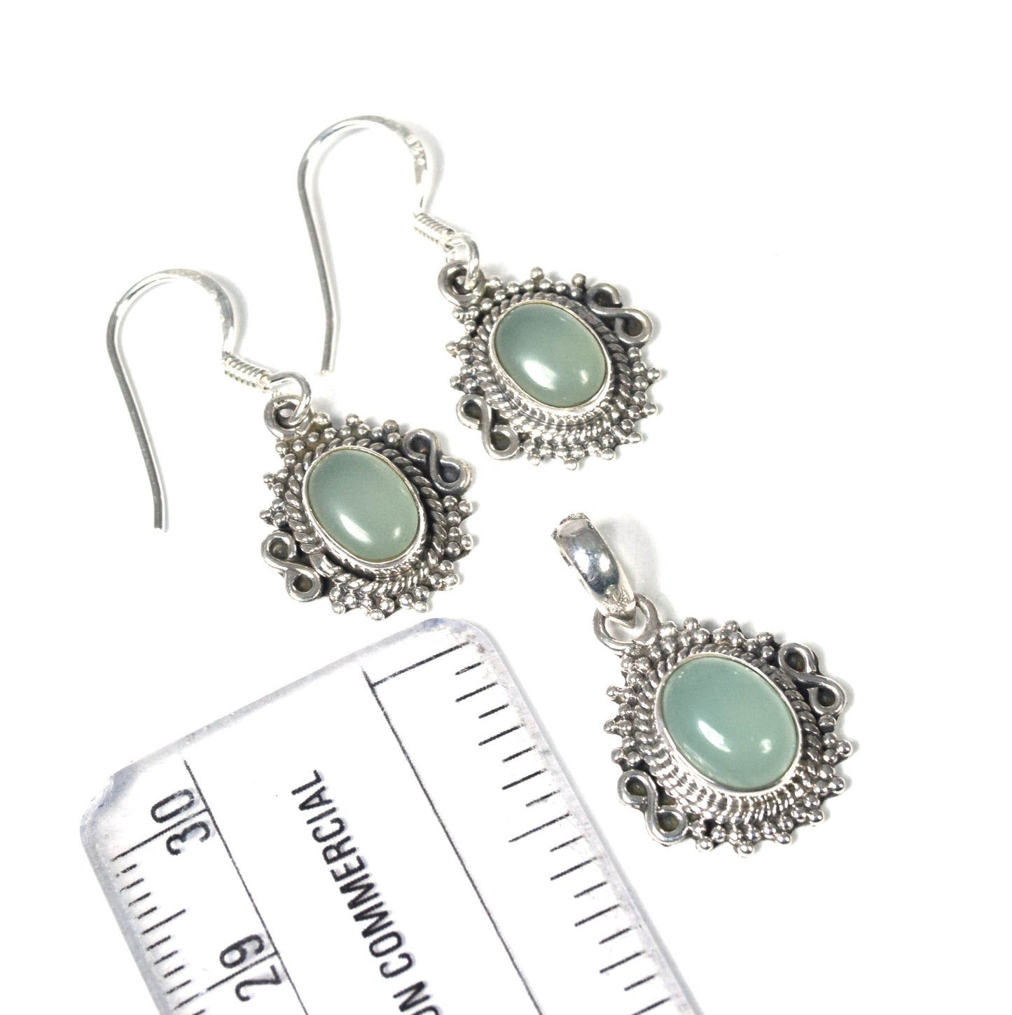925 Solid Sterling Silver Aqua Chalcedony Earring Pendant Set
