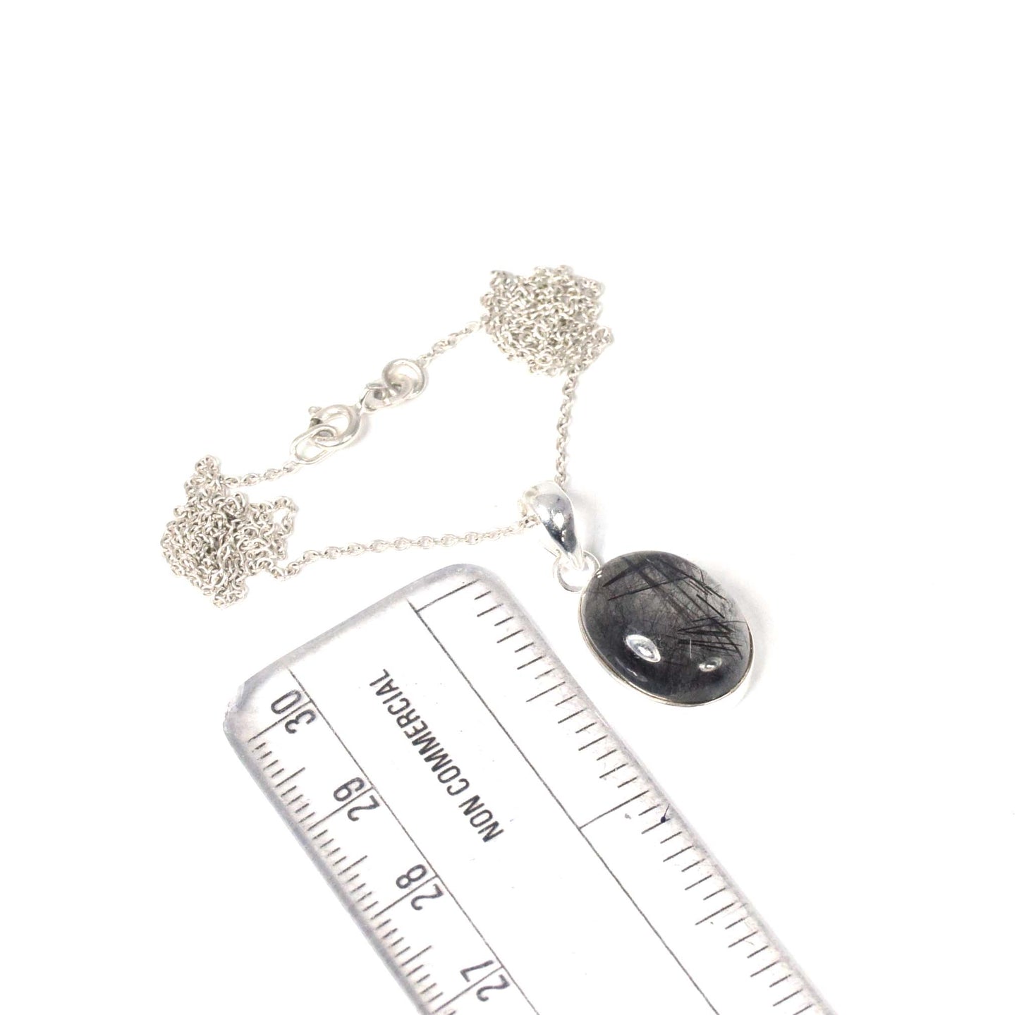 925 Solid Sterling Silver Black Rutile Chain Pendant-19 Inch