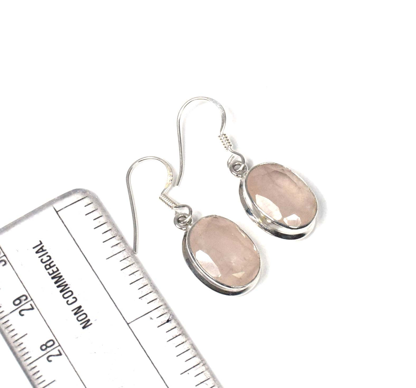 925 Solid Sterling Silver Cut Pink Rose Quartz Hook Earring-1.2 Inch