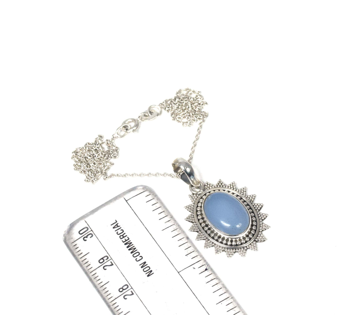 925 Solid Sterling Silver Blue Chalcedony Chain Pendant-19 Inch