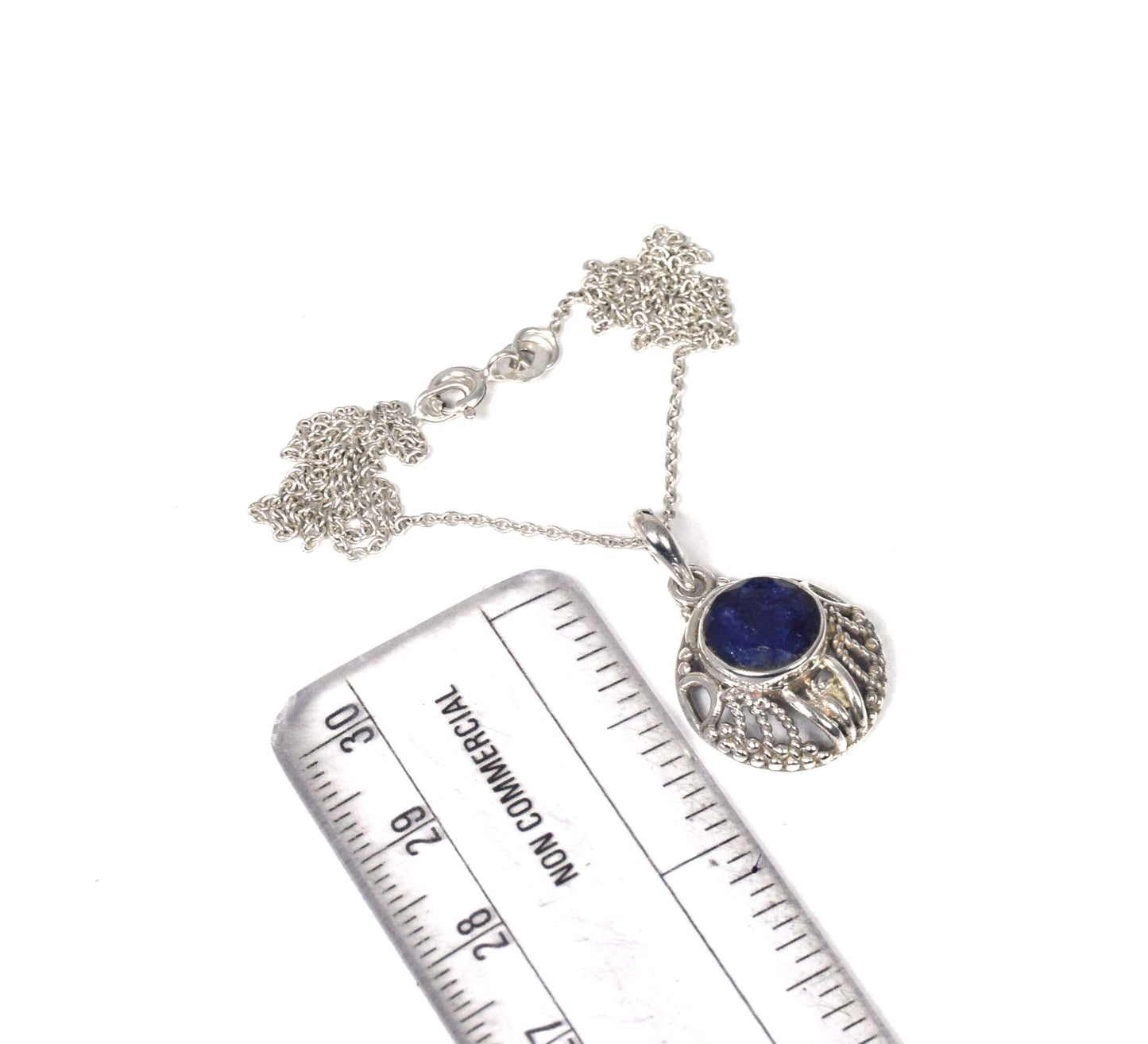 925 Solid Sterling Silver Cut Simulated Sapphire Chain Pendant-18.8 Inch