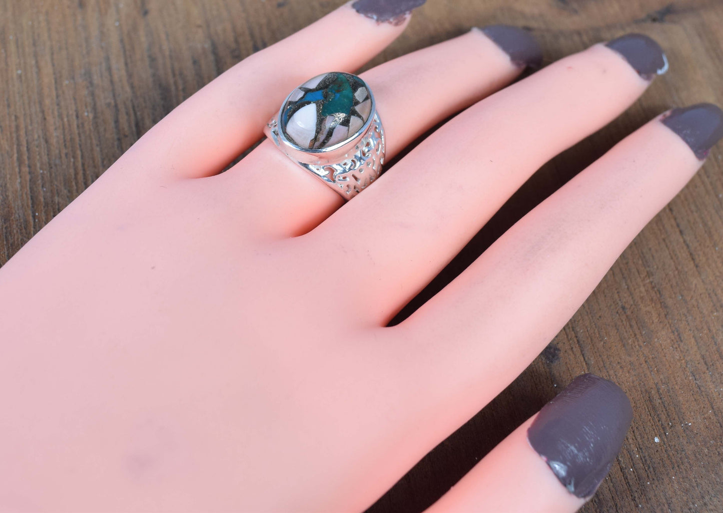 925 Solid Sterling Silver Oyster Turquoise Ring-5 US