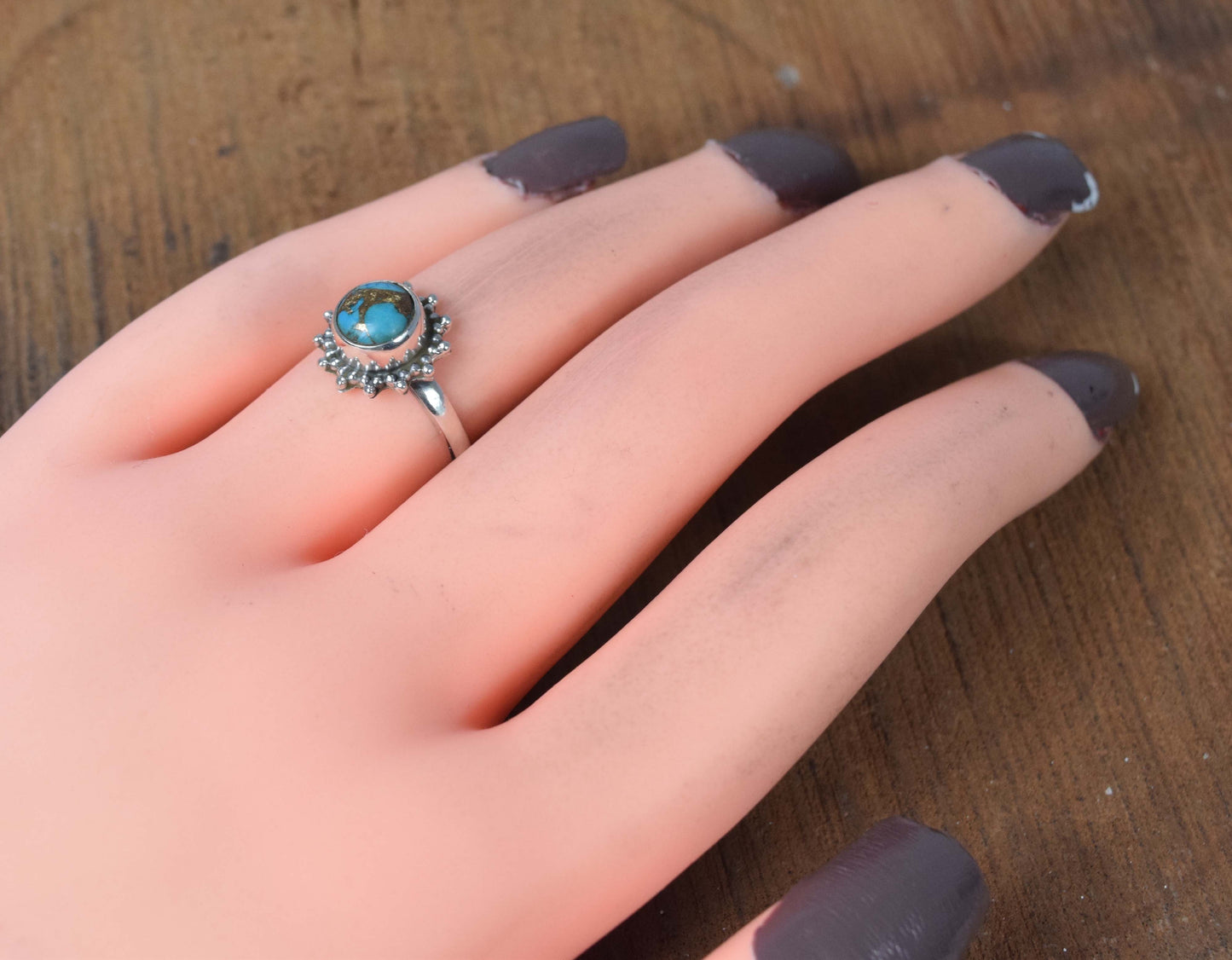 925 Solid Sterling Silver Blue Copper Turquoise Ring-5 US