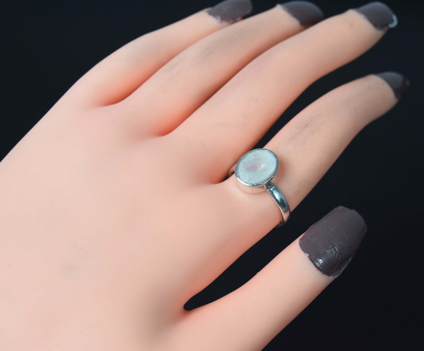 925 Solid Sterling Silver Faceted White Rainbow Moonstone Ring-6 US