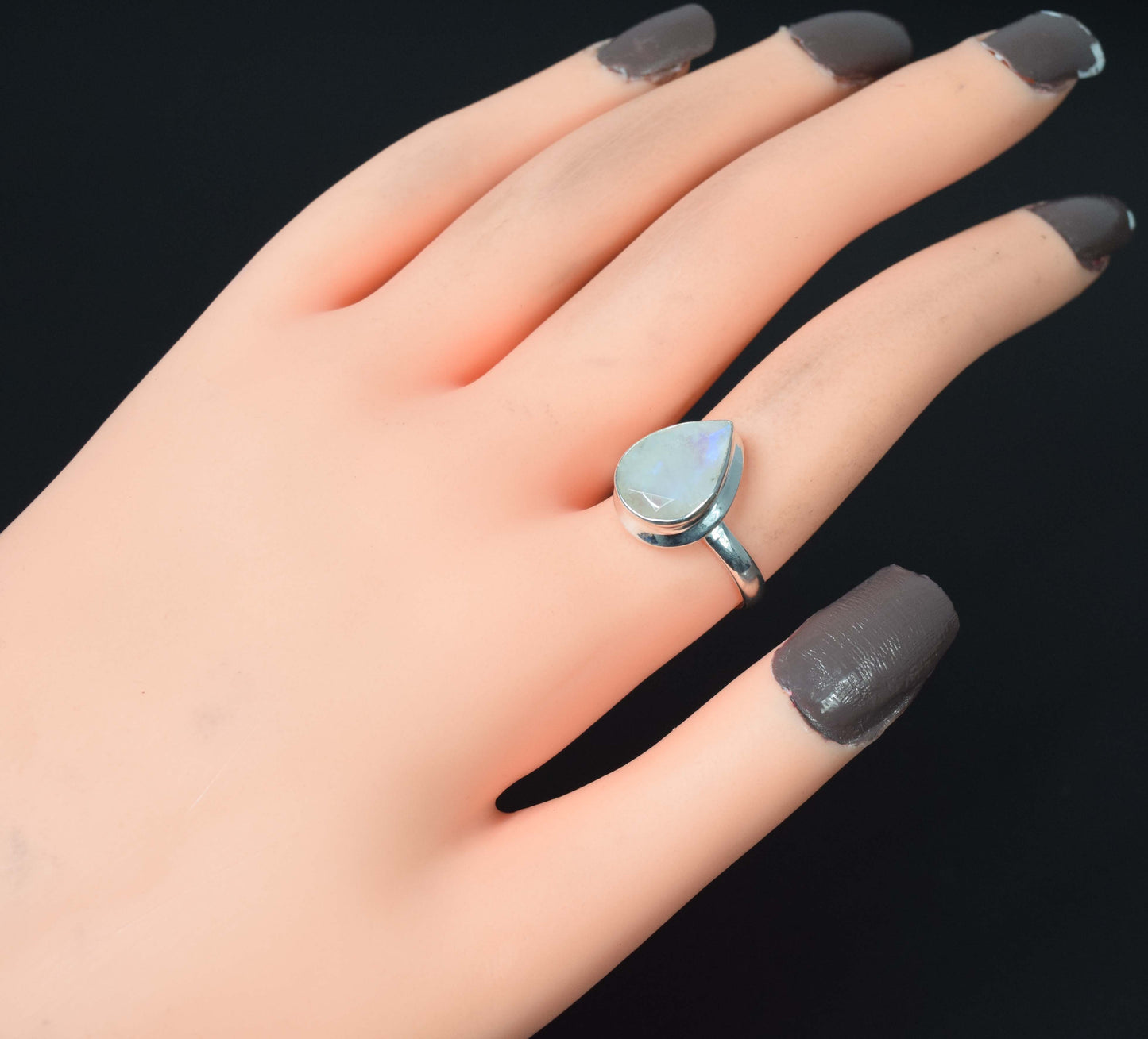 925 Solid Sterling Silver Faceted White Rainbow Moonstone Ring-8 US