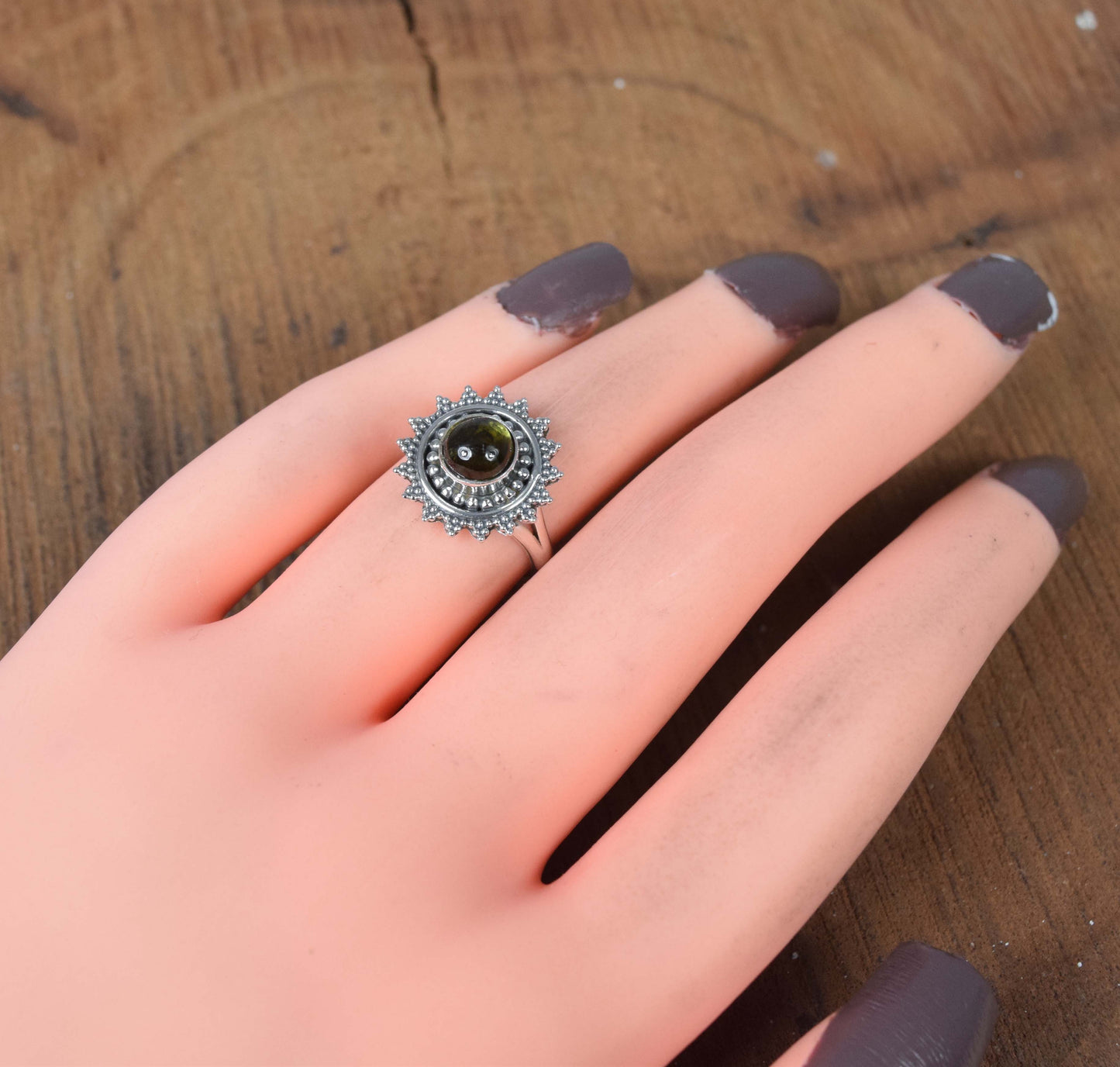 925 Solid Sterling Silver Green Tourmaline Ring-5 US