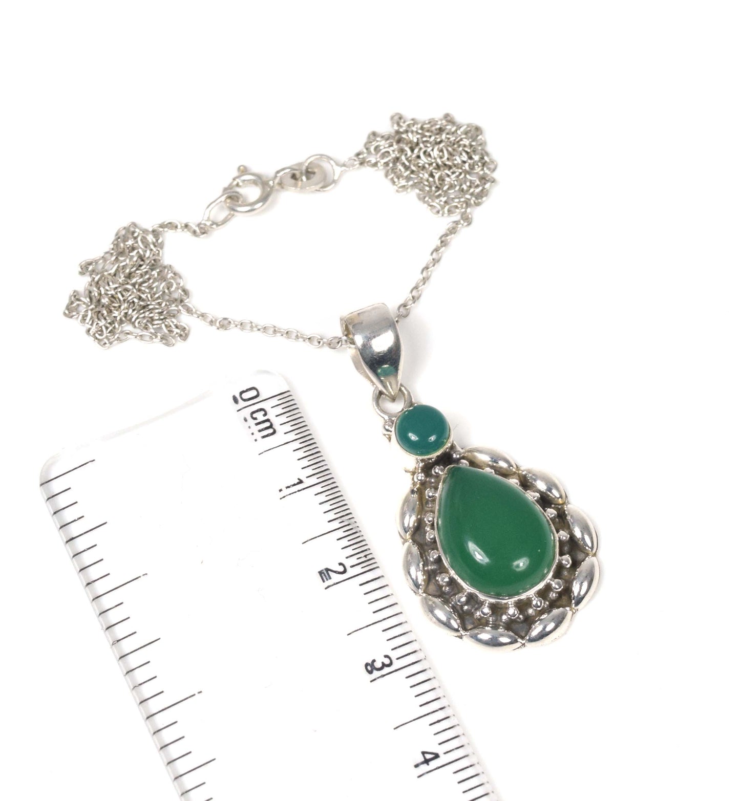 925 Solid Sterling Silver Green Onyx Chain Pendant -19.2 Inch