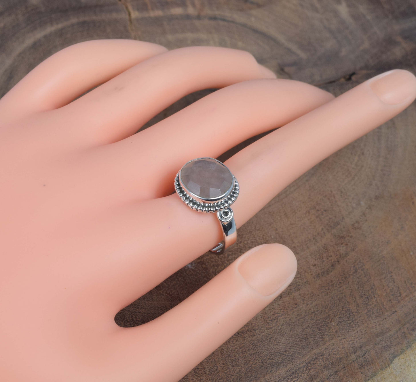 925 Solid Sterling Silver Faceted Pink Rose Quartz Ring -10 us