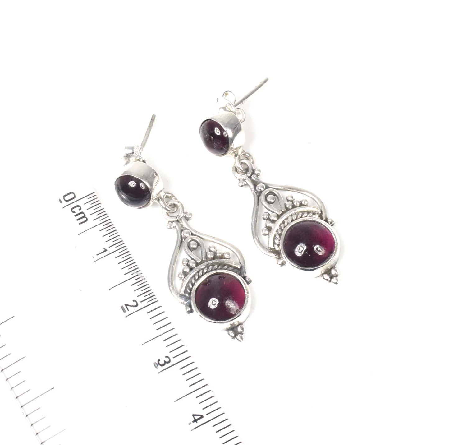 925 Solid Sterling Silver Red Garnet Stud Earring -1.5 inch