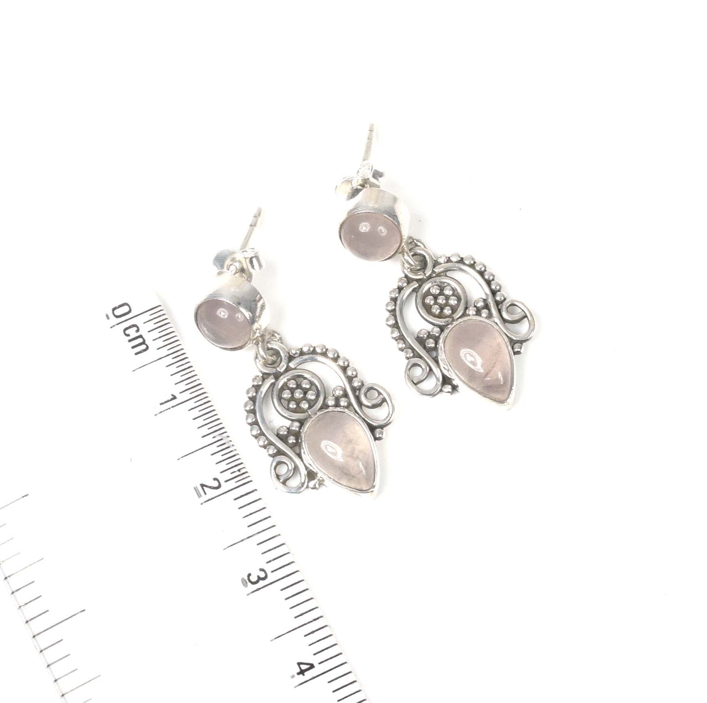 925 Solid Sterling Silver Pink Rose Quartz Stud Earring -1.3 inch