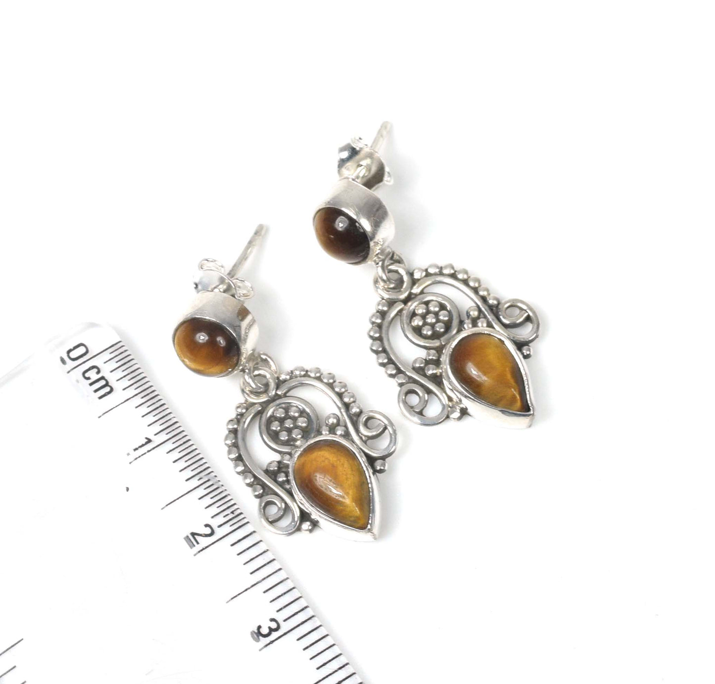925 Solid Sterling Silver Tiger Eye Stud Earring -1.3 inch