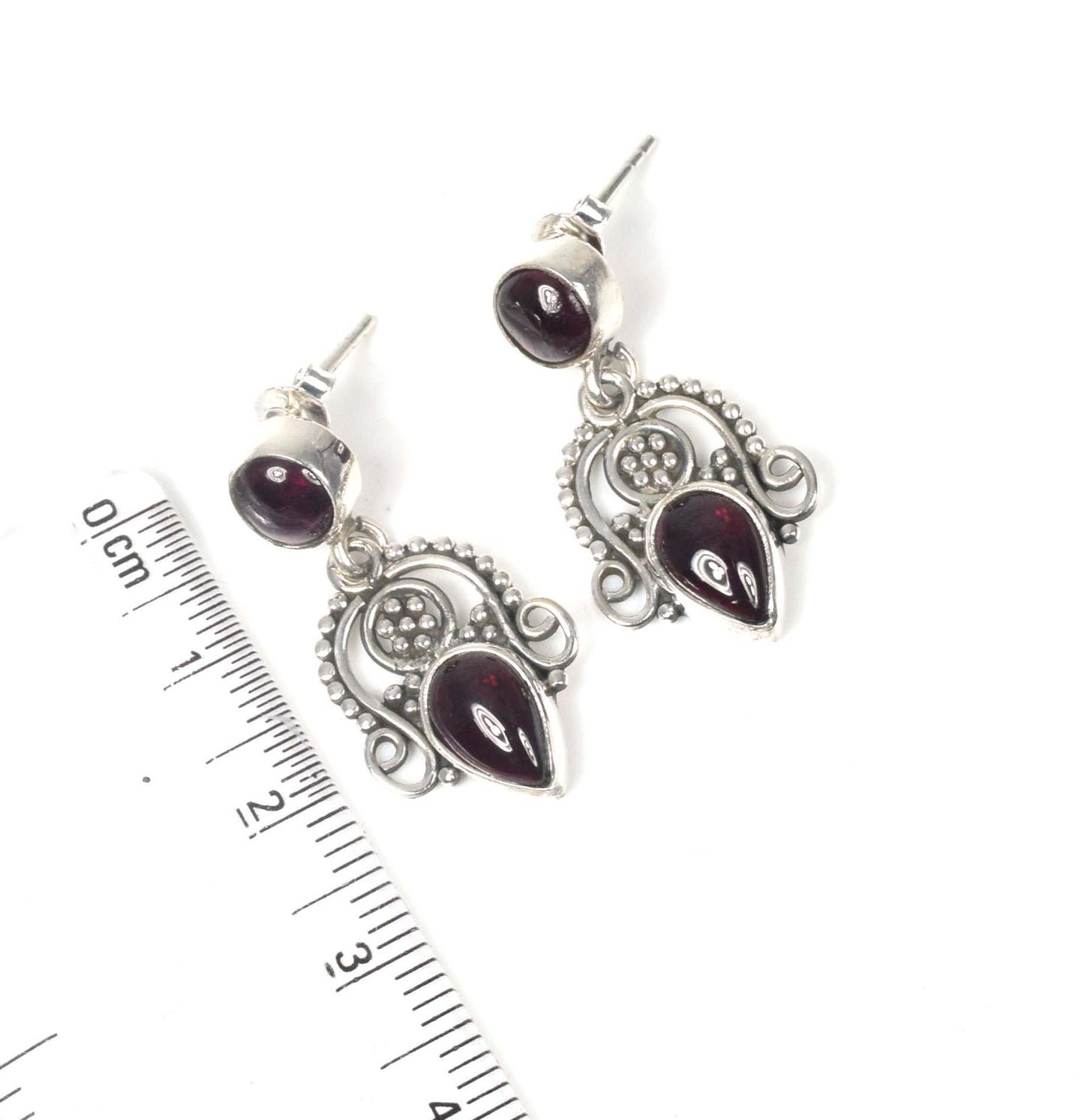 925 Solid Sterling Silver Red Garnet Stud Earring -1.3 inch