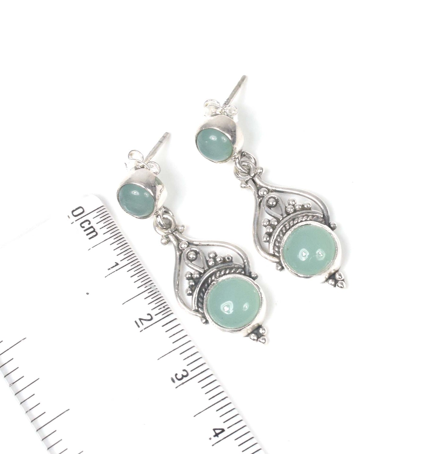 925 Solid Sterling Silver Aqua Chalcedony Stud Earring -1.5 inch