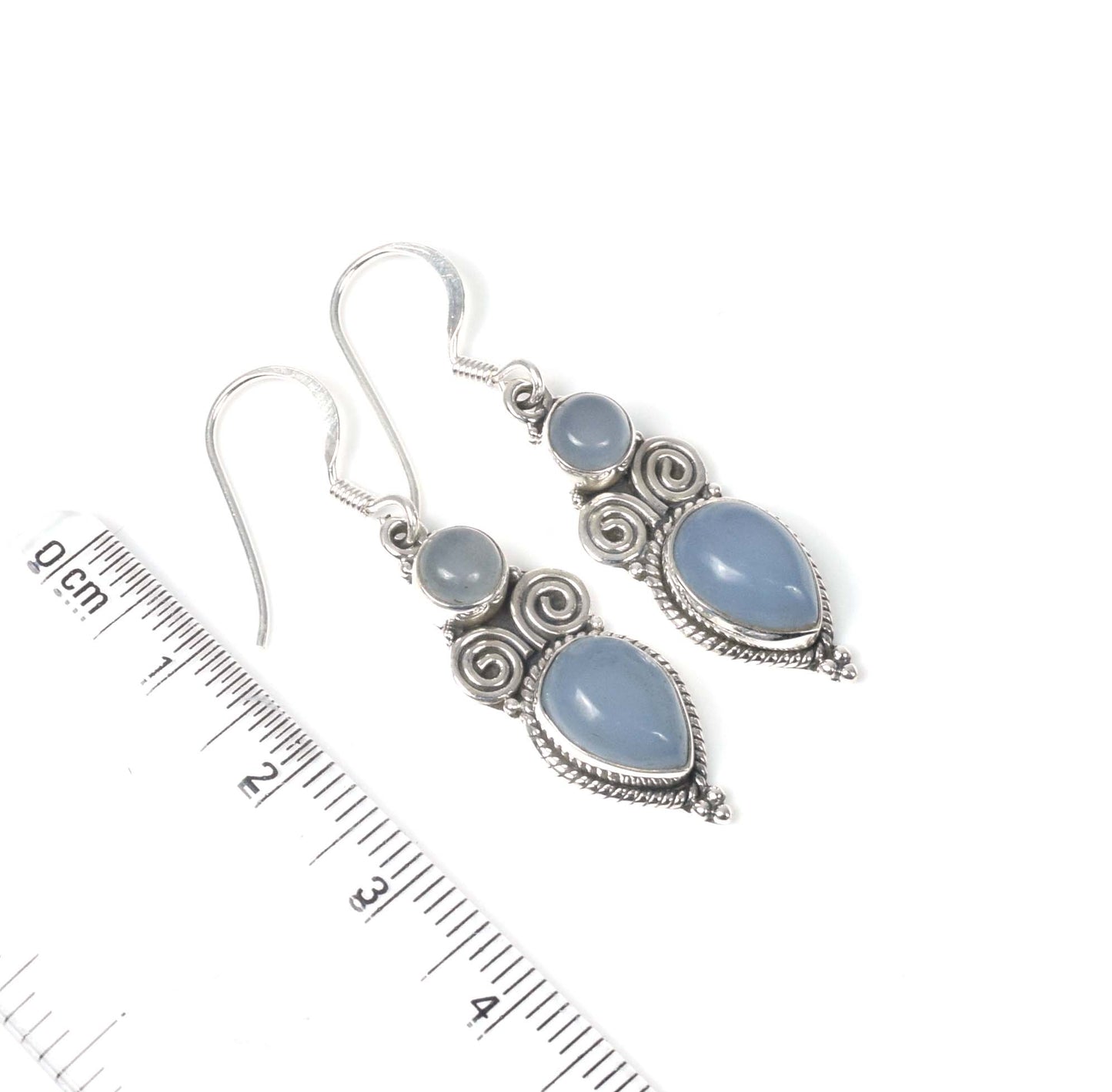 925 Solid Sterling Silver Blue Chalcedony Hook Earring -1.5 inch