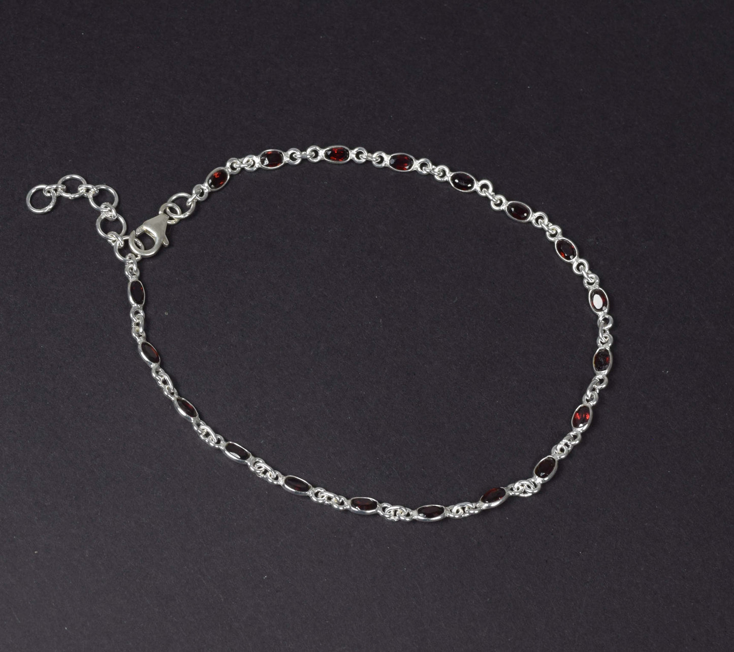 925 Solid Sterling Silver Faceted Red Garnet Anklet-11.5 Inch B