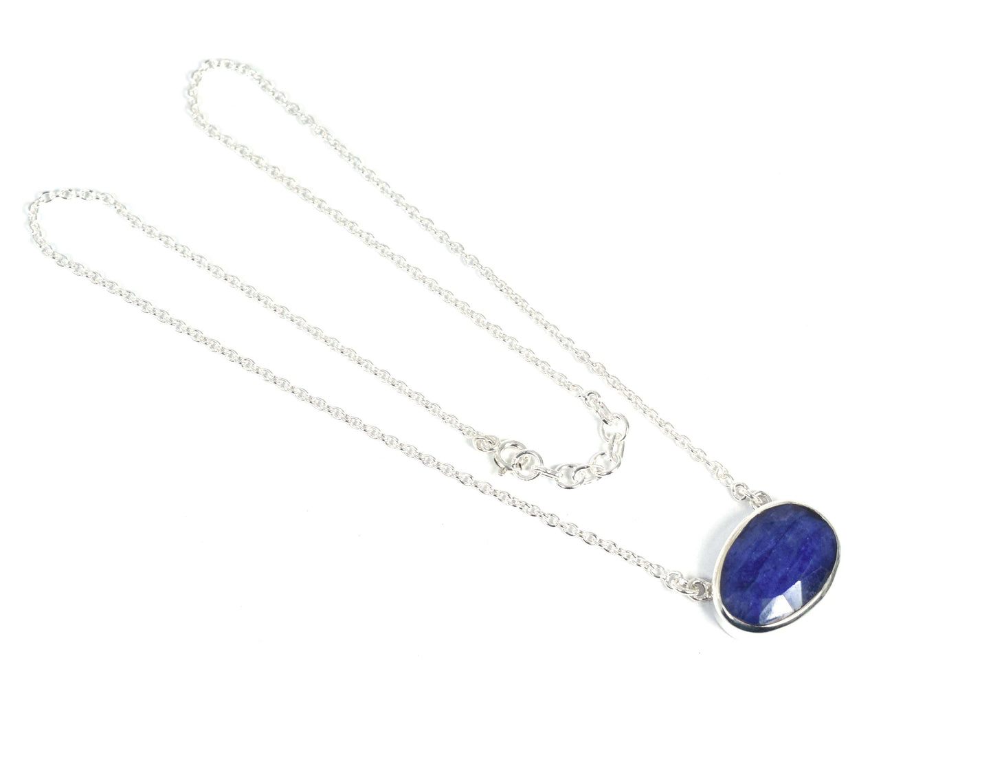 925 Solid Sterling Silver Faceted Simulated Blue Sapphire Necklace-17.4 Inch