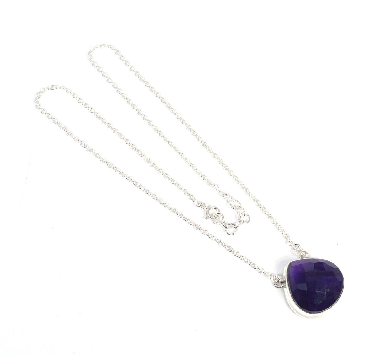 925 Solid Sterling Silver Faceted Purple Amethyst Necklace -17.4 Inch