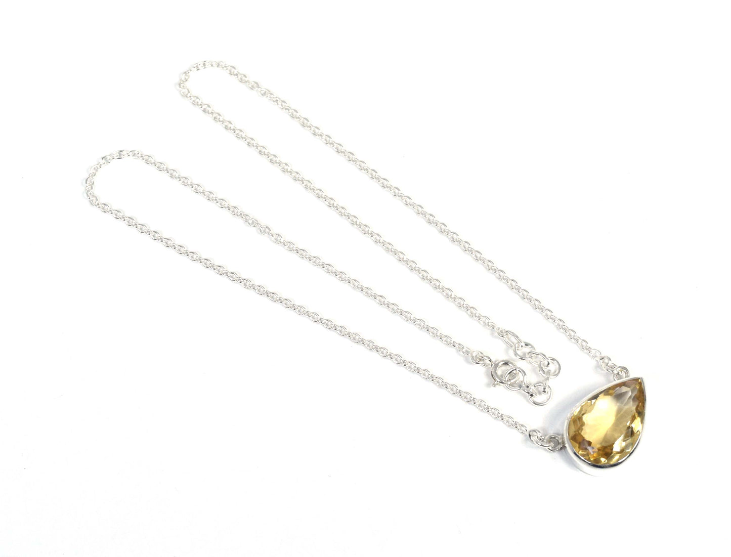 925 Solid Sterling Silver Faceted Yellow Citrine Necklace -17.4 Inch