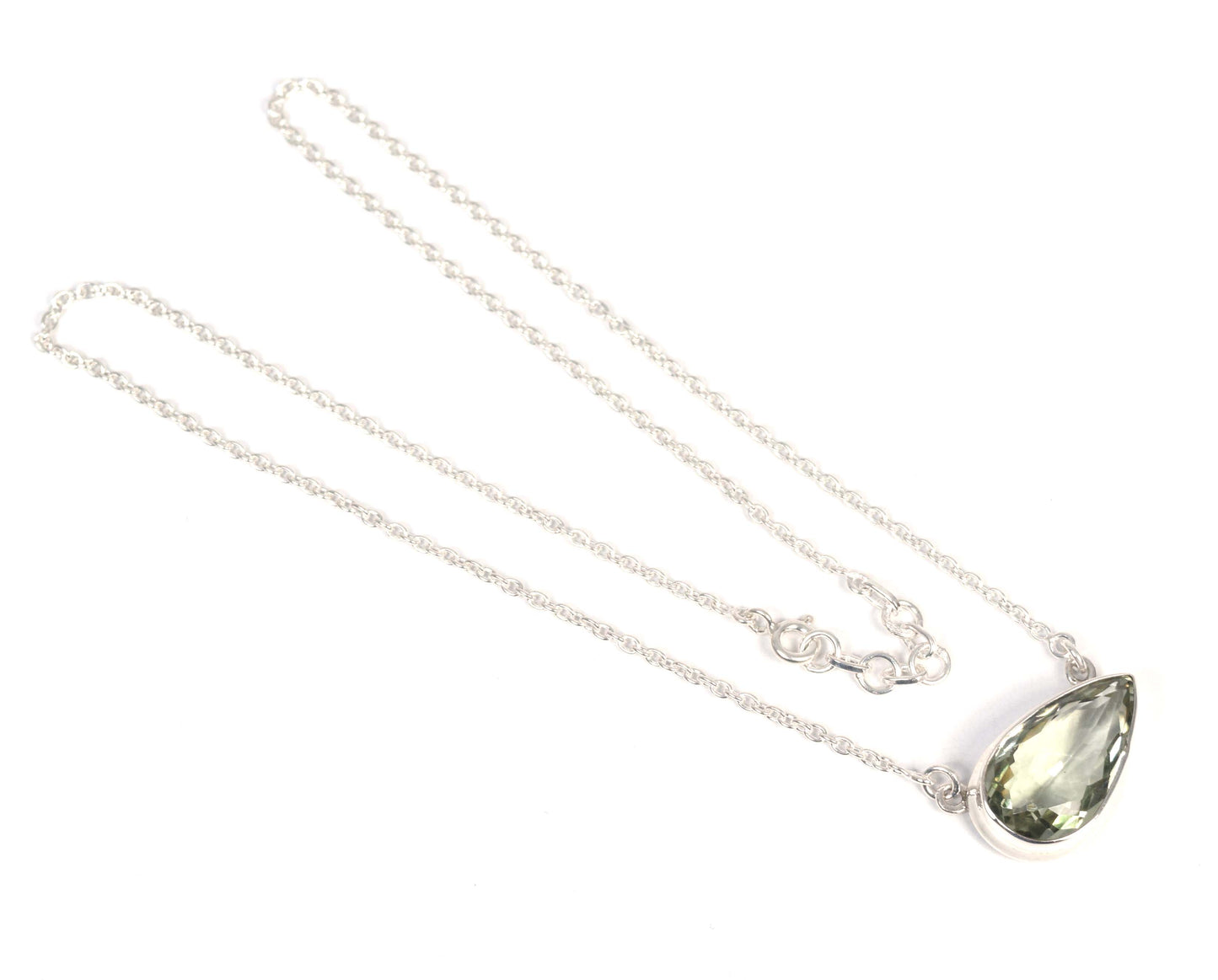 925 Solid Sterling Silver Faceted Green Amethyst Necklace -17 Inch
