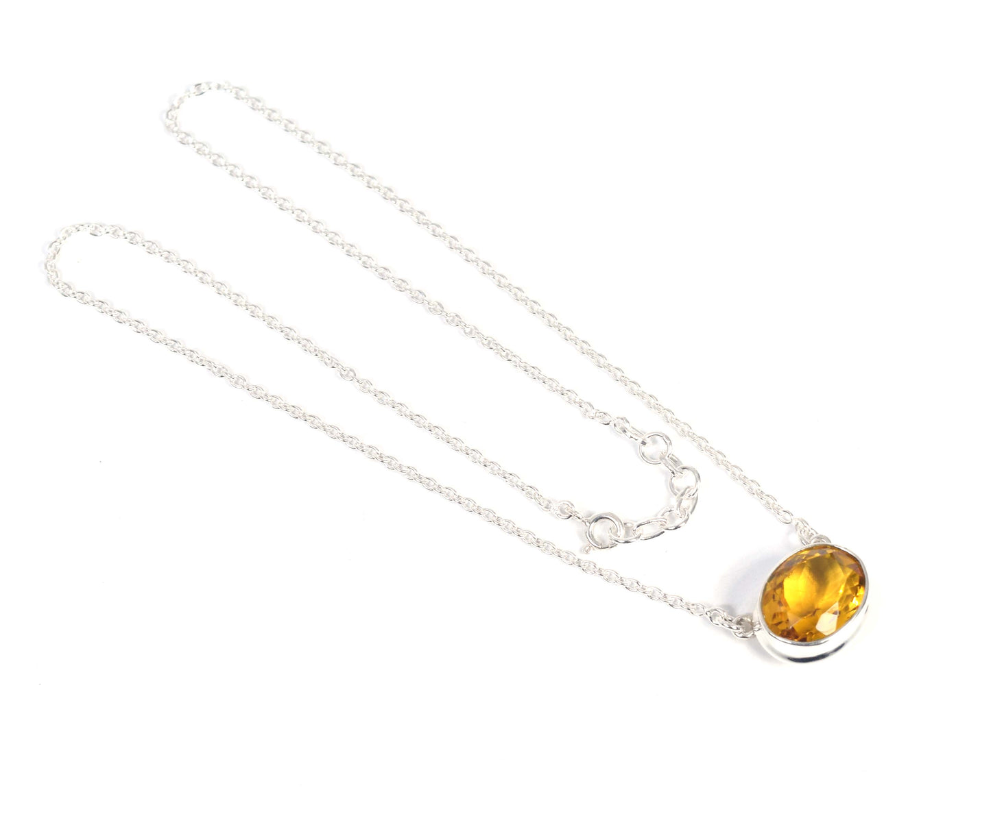 925 Solid Sterling Silver Faceted Yellow Citrine Necklace -17 Inch