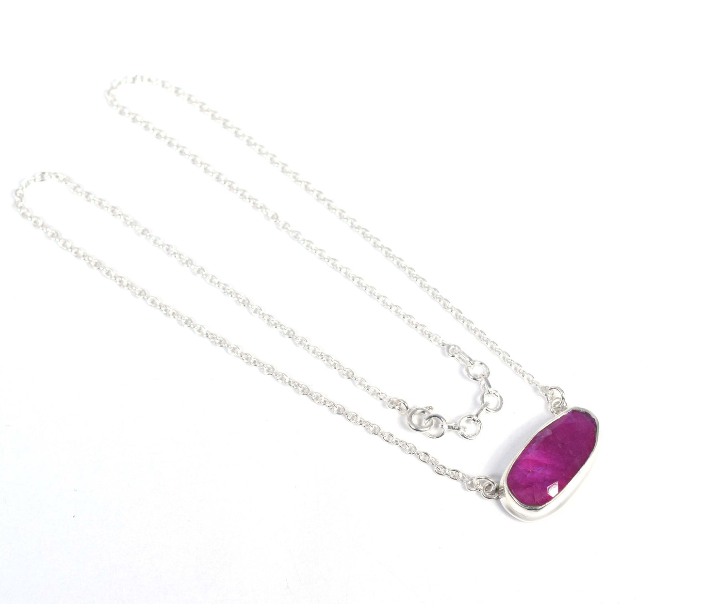925 Solid Sterling Silver Faceted Simulated Red Ruby Necklace -17 Inch