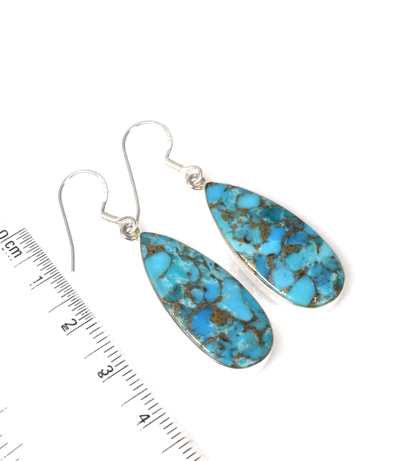 925 Solid Sterling Silver Blue Copper Turquoise Hook Earring-1.7 Inch