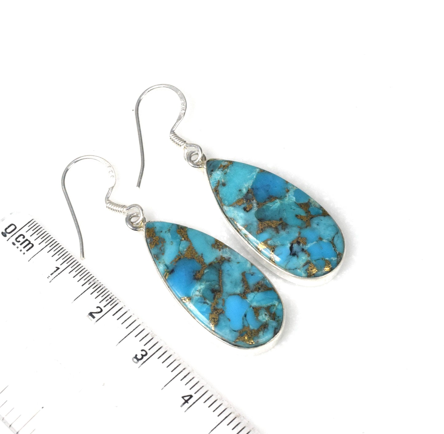 925 Solid Sterling Silver Blue Copper Turquoise Hook Earring-1.7 Inch
