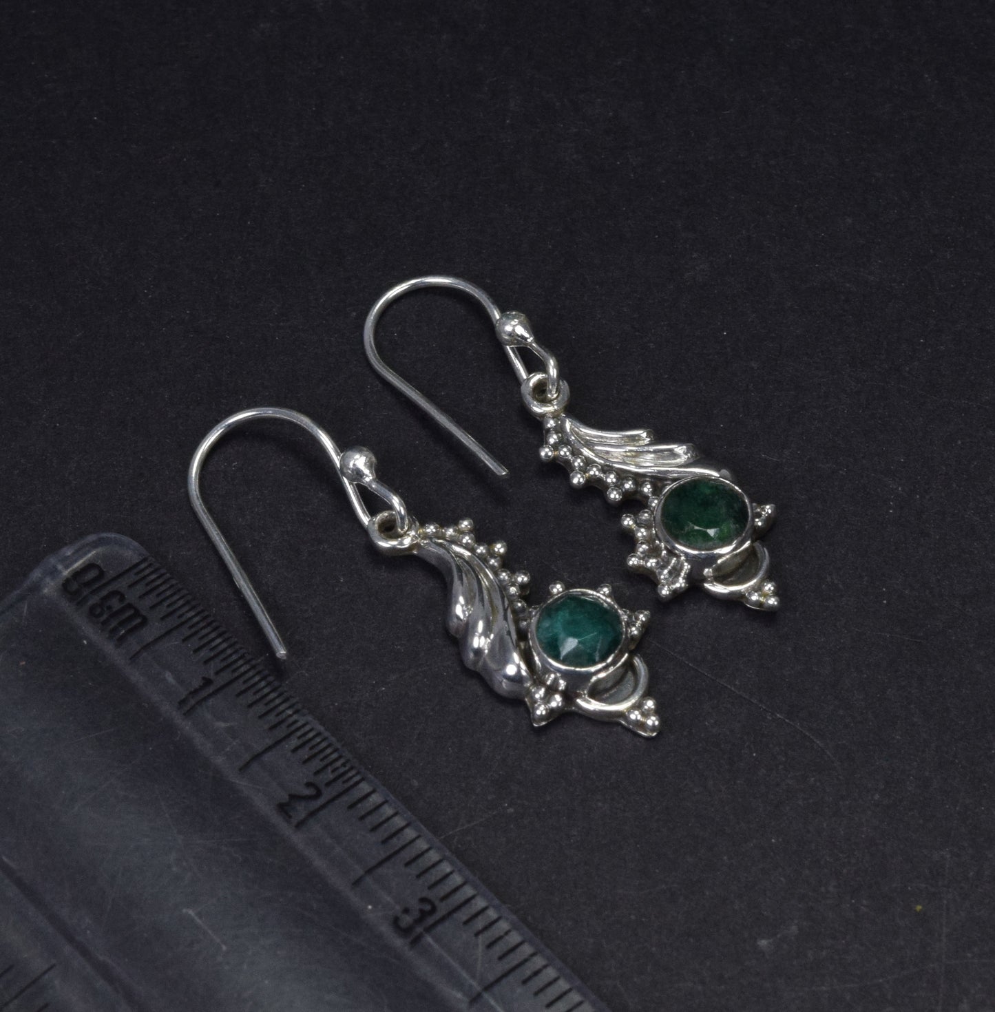 925 Solid Sterling Silver Cut Simulated Green Emerald Hook Earring-1.2 Inch
