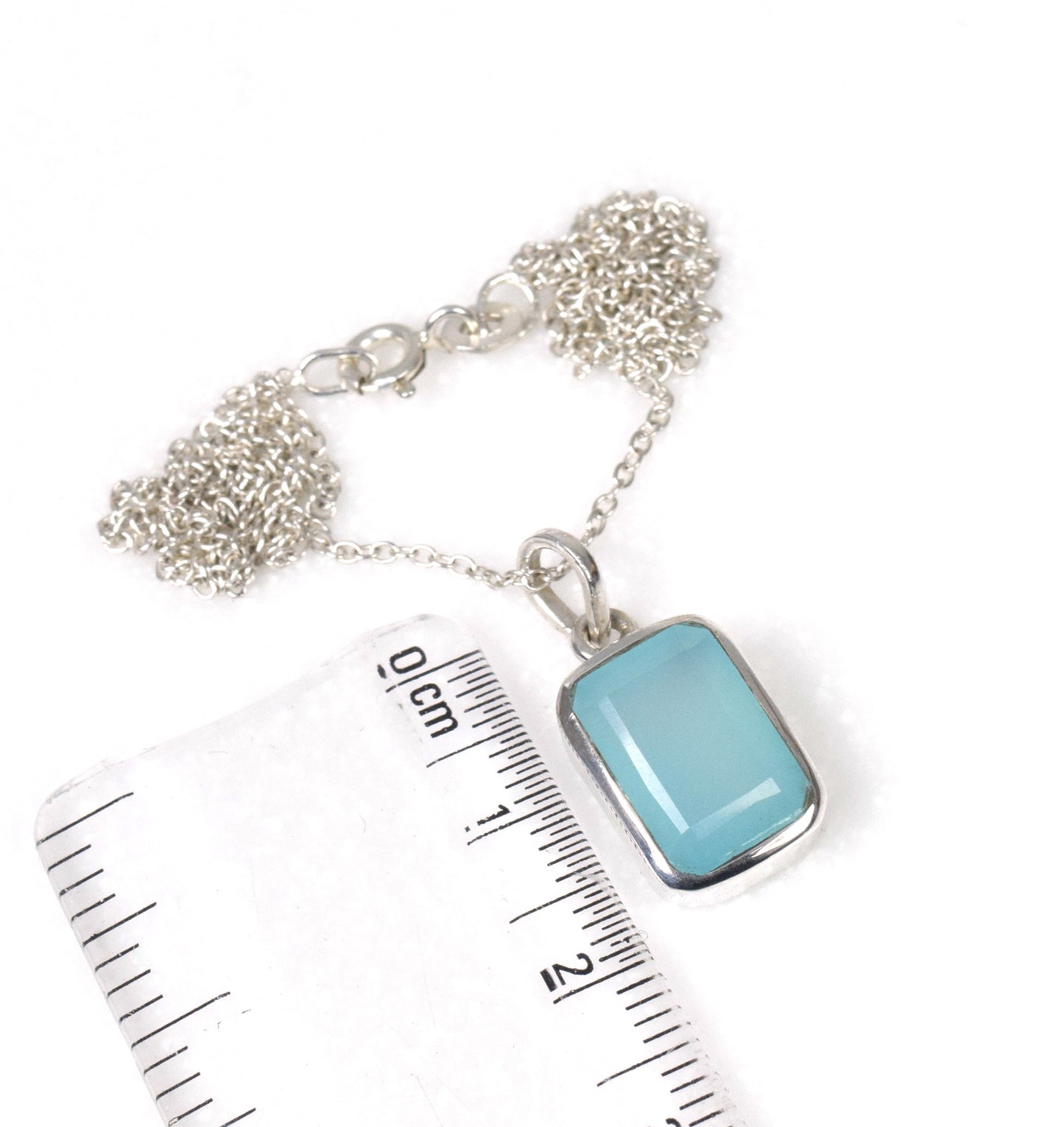925 Solid Sterling Silver Faceted Blue Chalcedony Chain Pendant-18.8 Inch