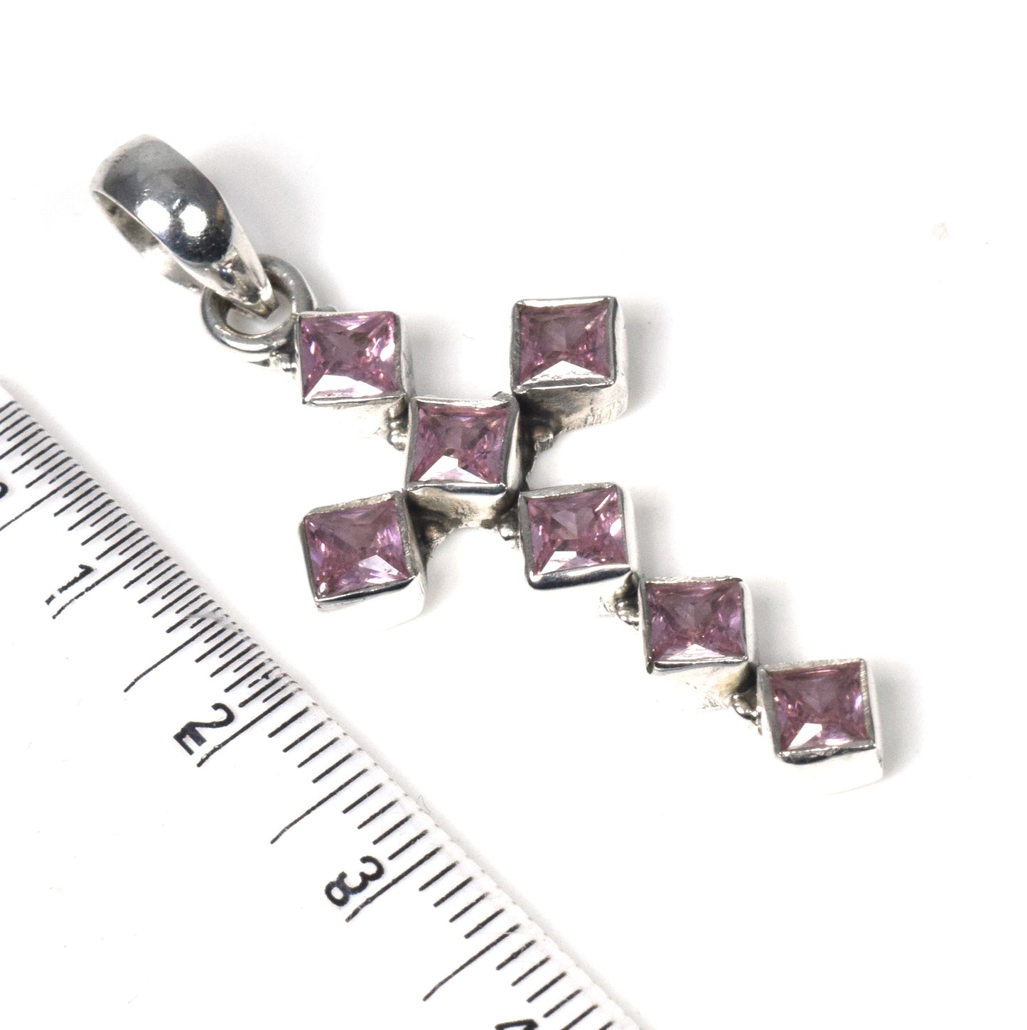925 Solid Sterling Silver Faceted Pink Topaz Christmas Cross Pendant