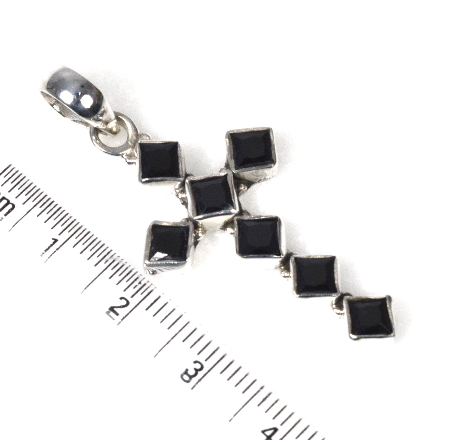 925 Solid Sterling Silver Faceted Black Onyx Christmas Cross Pendant