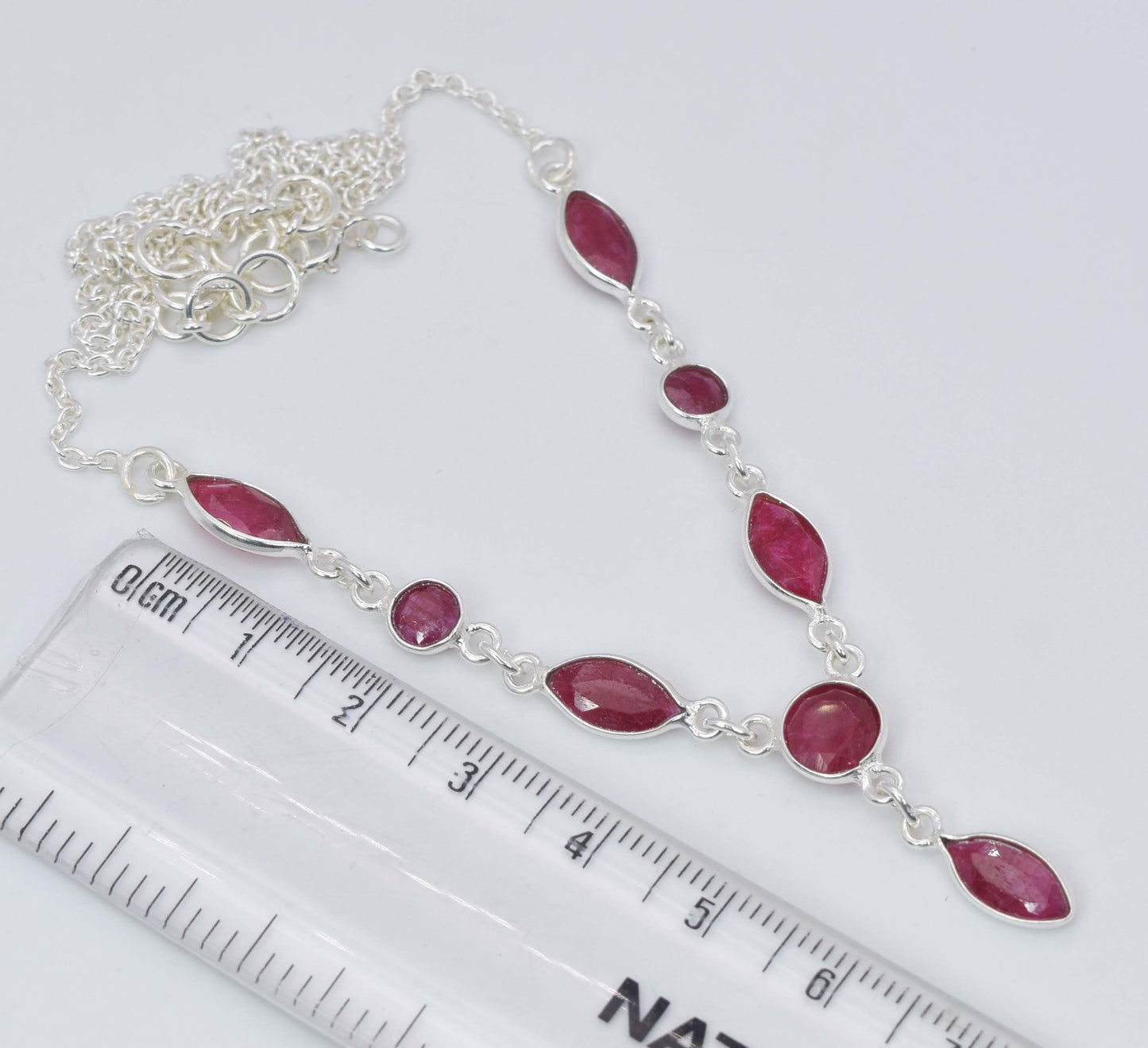 925 Solid Sterling Silver Cut Simulated Red Ruby Necklace -20 Inch