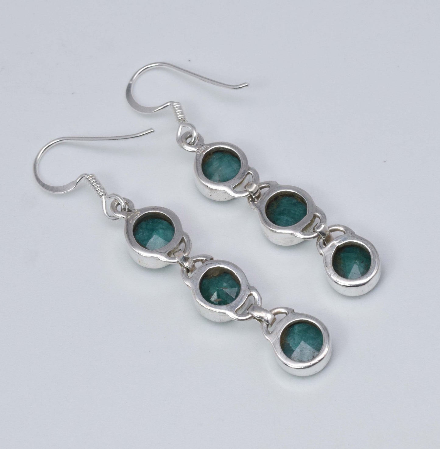 925 Solid Sterling Silver Cut Simulated Green Emerald Hook Earring-2 Inch