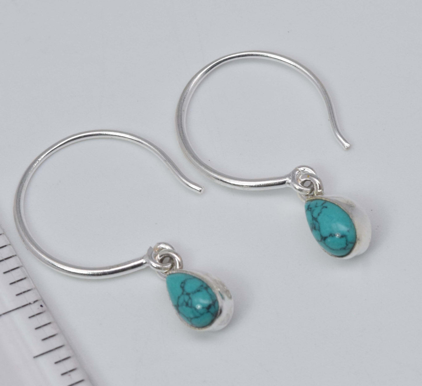 925 Solid Sterling Silver Blue Turquoise Hoop Earring-1.2 Inch
