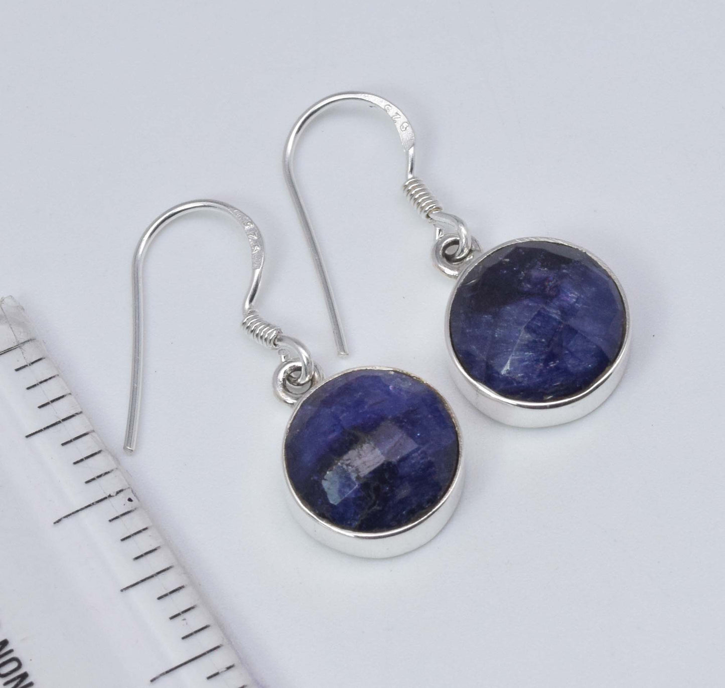 925 Solid Sterling Silver Cut Simulated Blue Sapphire Hook Earring-1 Inch