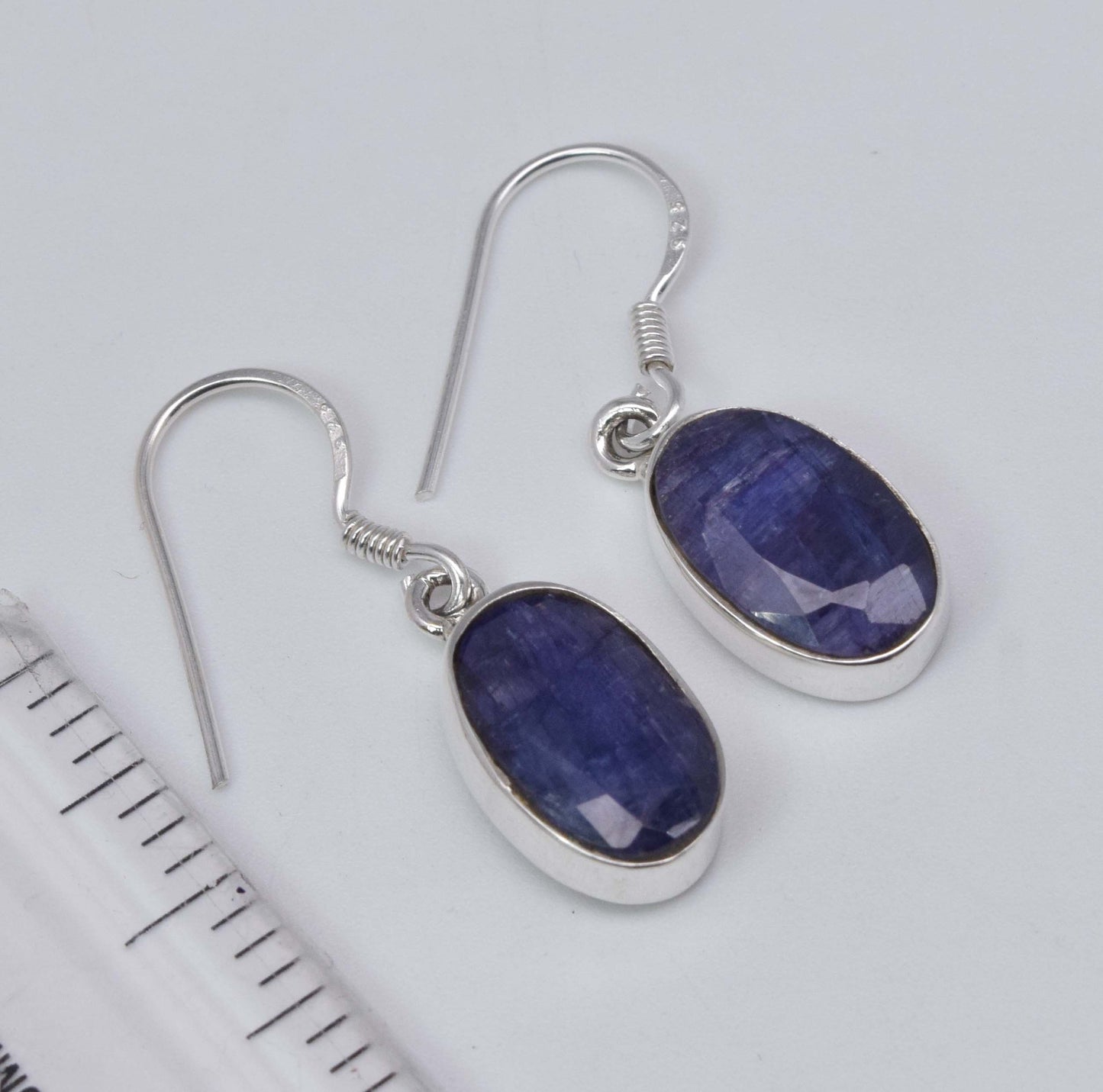 925 Solid Sterling Silver Cut Simulated Blue Sapphire Hook Earring-1.2 Inch