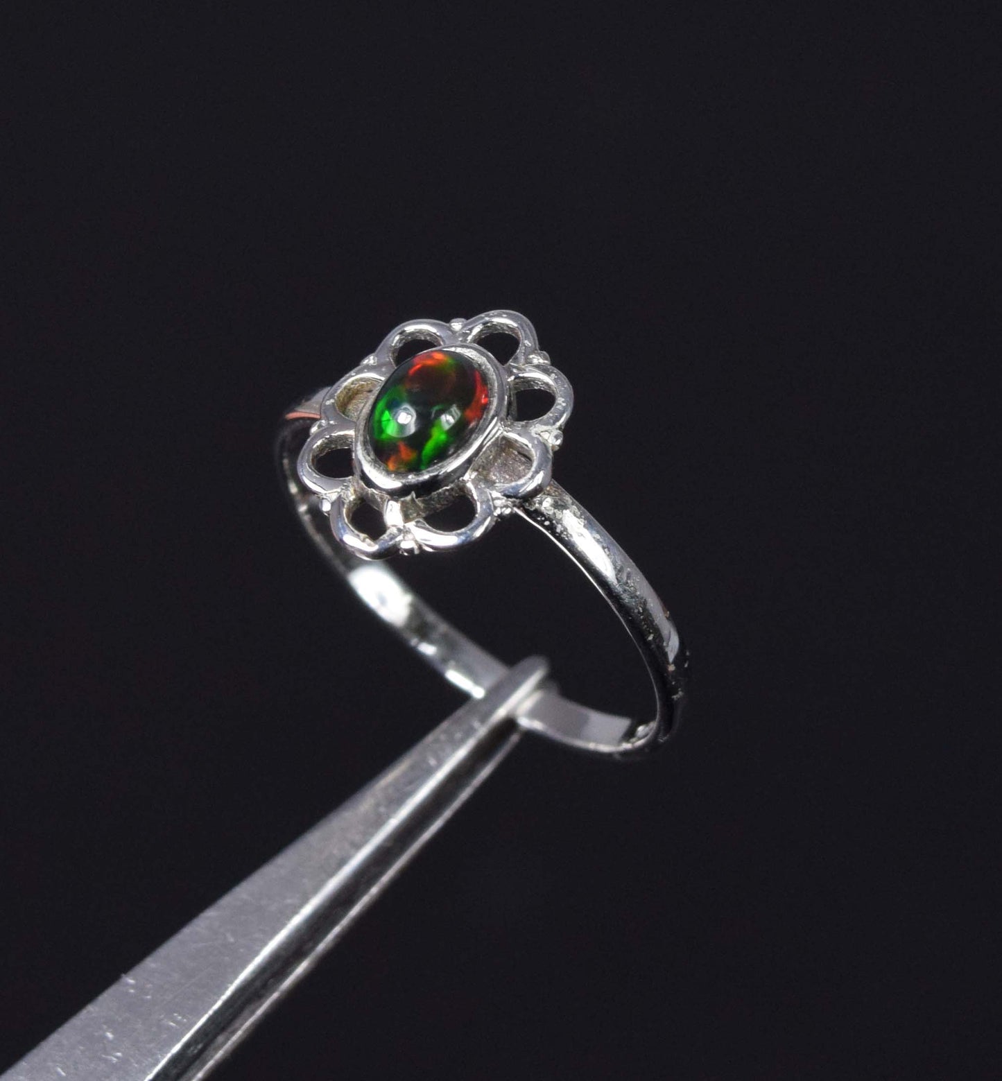 925 Solid Sterling Silver Natural Black Ethiopian Opal Flower Style Ring - 1.5 Grams