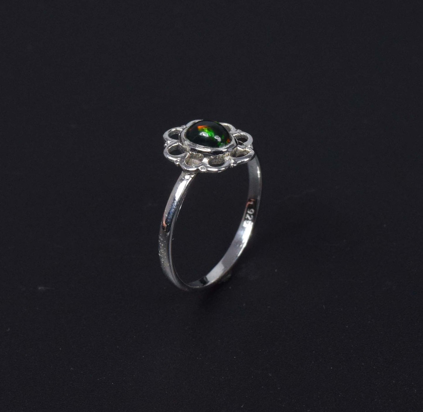 925 Solid Sterling Silver Natural Black Ethiopian Opal Flower Style Ring - 1.5 Grams